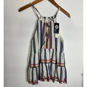 L Love Striped Embroidered Halter Top Small Blue White Boho Tiered